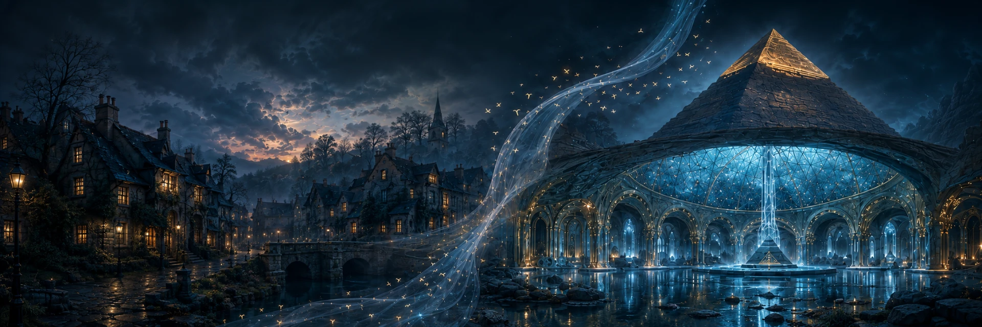 A misty village dissolving into a glowing veil of light beside the Great Pyramid
