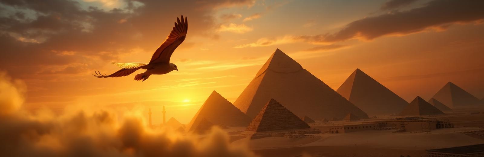 A golden bird above the pyramids at dusk
